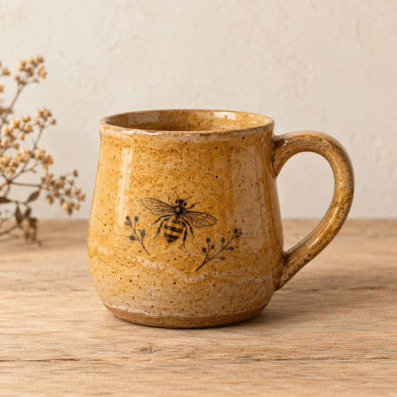 Honey-colored stoneware mug with a painted honeybee design